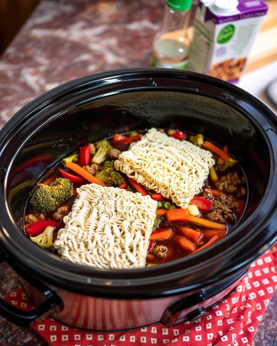 Inside a black slow cooker, there are two square blocks of uncooked ramen noodles on top. Below the noodles, there is a colorful mix of sliced orange carrots, green broccoli florets, red bell pepper strips, and pieces of cooked ground meat in a dark broth. In the background, there is a white marbled countertop with a bottle that has a green cap and a purple carton. A red cloth with white patterns is placed near the slow cooker. The photo taken with an iphone --ar 4:5 --v 7