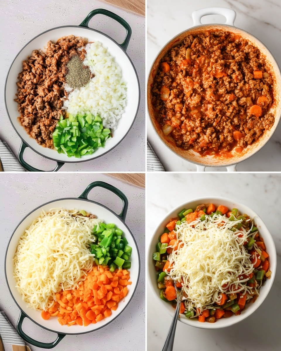 The first image shows a white pan with raw ground meat on the left side and spices, salt, minced garlic, and small chopped onions on the right side all separated in layers. The second image shows the same pan with cooked ground meat on the right, white cauliflower rice on the top left, chopped orange carrots on the bottom left, and chopped green bell peppers on the bottom right. The third image shows the pan filled evenly with the cooked mixture of vegetables and meat, topped with a thick layer of melted shredded white cheese. The last image shows a white bowl filled with a mixed portion of the cooked dish with melted cheese, chopped green peppers, carrots, and meat all mixed together, with a spoon inside the bowl. The background is a white marbled surface. Photo taken with an iphone --ar 4:5 --v 7