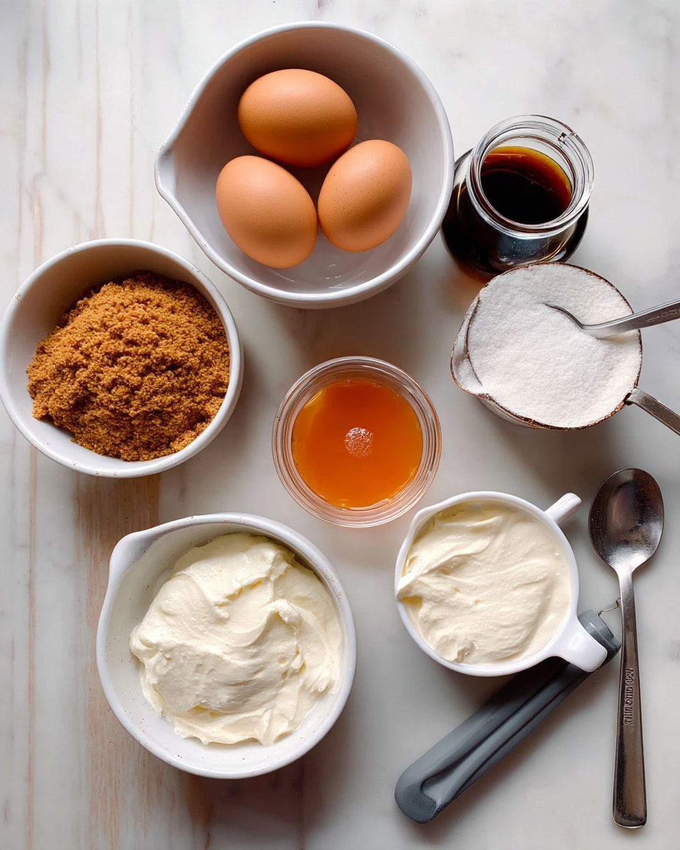 The image shows ingredients on a light wood surface with a white marbled texture. There is a white bowl with three brown eggs on the top left, a white measuring cup filled with a white powdery ingredient on the bottom right, and a white measuring cup with a creamy white thick ingredient to the right of it. Between them is a small glass jar with an orange liquid, and to its left is a container with brown granules and a metal spoon. On the top right, there is a metallic container with a dark liquid beside a small plastic ring. At the bottom right corner, there is a gray and white kitchen tool. Photo taken with an iphone --ar 4:5 --v 7