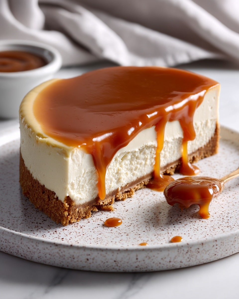 A cheesecake with three layers: the bottom layer is a light brown crumb crust; the middle layer is a thick, creamy off-white cheesecake with a smooth texture; the top layer is a shiny, caramel-colored sauce that gently drips down the side. The cheesecake sits on a white speckled plate with a small dollop of extra caramel sauce nearby. The background includes a soft light gray cloth and a white marbled surface. photo taken with an iphone --ar 4:5 --v 7