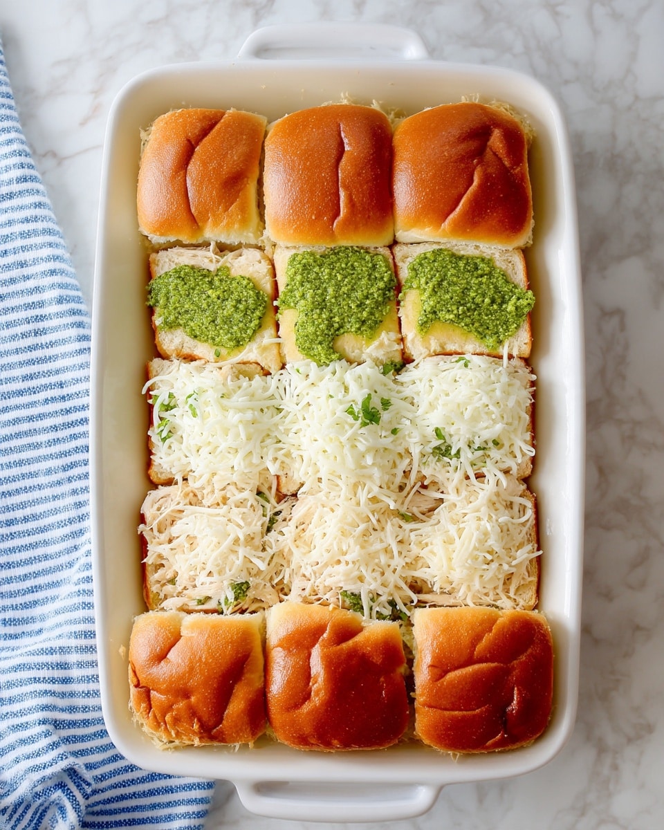 A white rectangular dish shows six steps of making a layered slider bake on a white marbled surface with a blue and white striped towel on the left side. The first layer is soft, light brown square bread pieces neatly lined up. The second layer adds bright green dollops of pesto sauce spread unevenly on each bread piece. The third layer places shredded light tan chicken evenly on top of the pesto. The fourth layer covers the dish with a thick layer of shredded white cheese, lightly scattered but with little bread showing. The fifth layer covers the dish with a second layer of soft, shiny, golden brown sandwich buns arranged tightly to cover everything below. The final image adds a light sprinkling of herbs and small bits of white minced garlic spread evenly over all the tops of the buns. Photo taken with an iphone --ar 4:5 --v 7