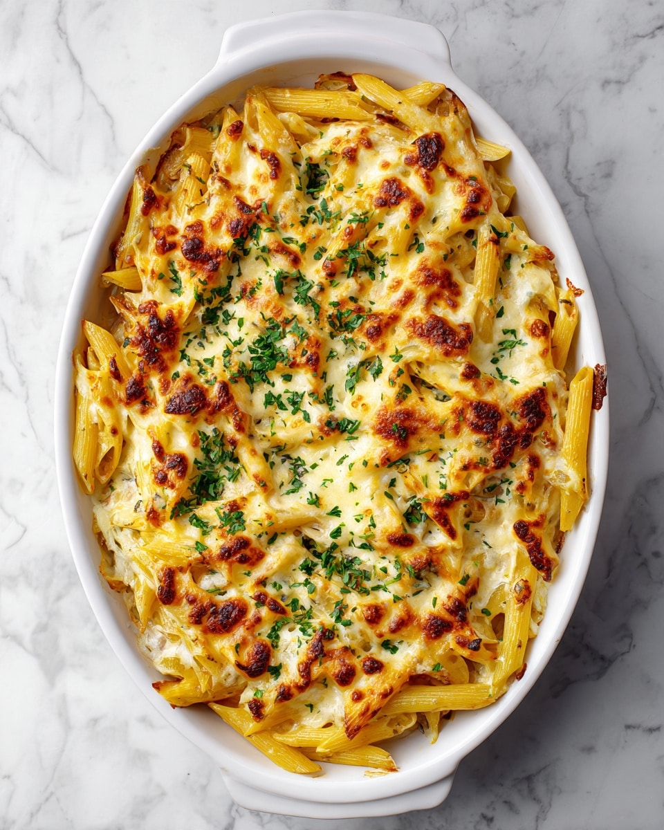 The dish shows a white oval casserole filled with baked penne pasta in a thick layer. The pasta is golden yellow with melted, slightly browned cheese on top that looks bubbly and rich. There are small green herbs scattered evenly across the surface, adding color and texture. The baked pasta appears soft and creamy underneath the crispy cheese crust. The casserole is placed on a white marbled surface, making the warm colors of the dish stand out. photo taken with an iphone --ar 4:5 --v 7